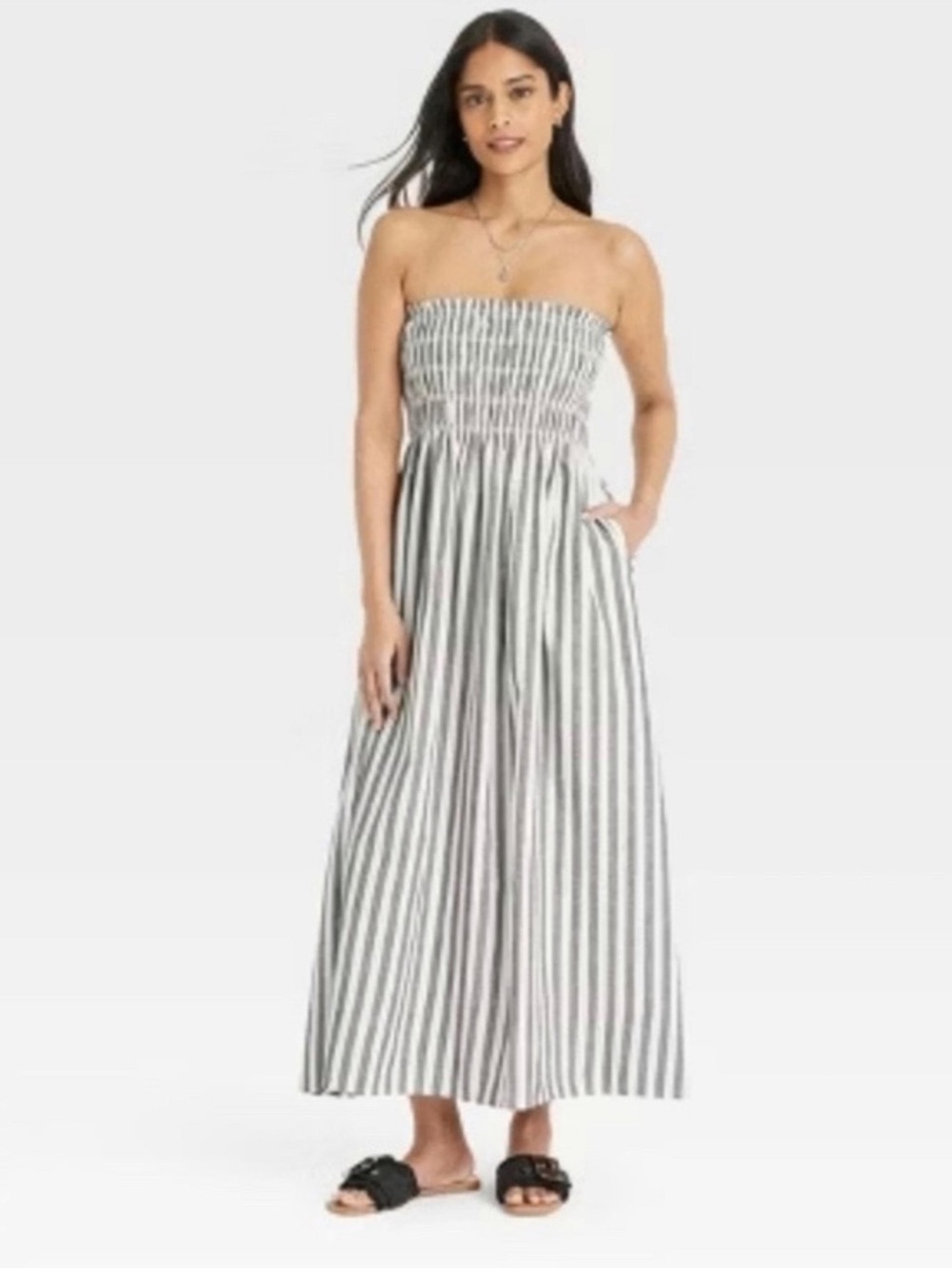 Striped Strapless Midi A line Dress in White and Gray